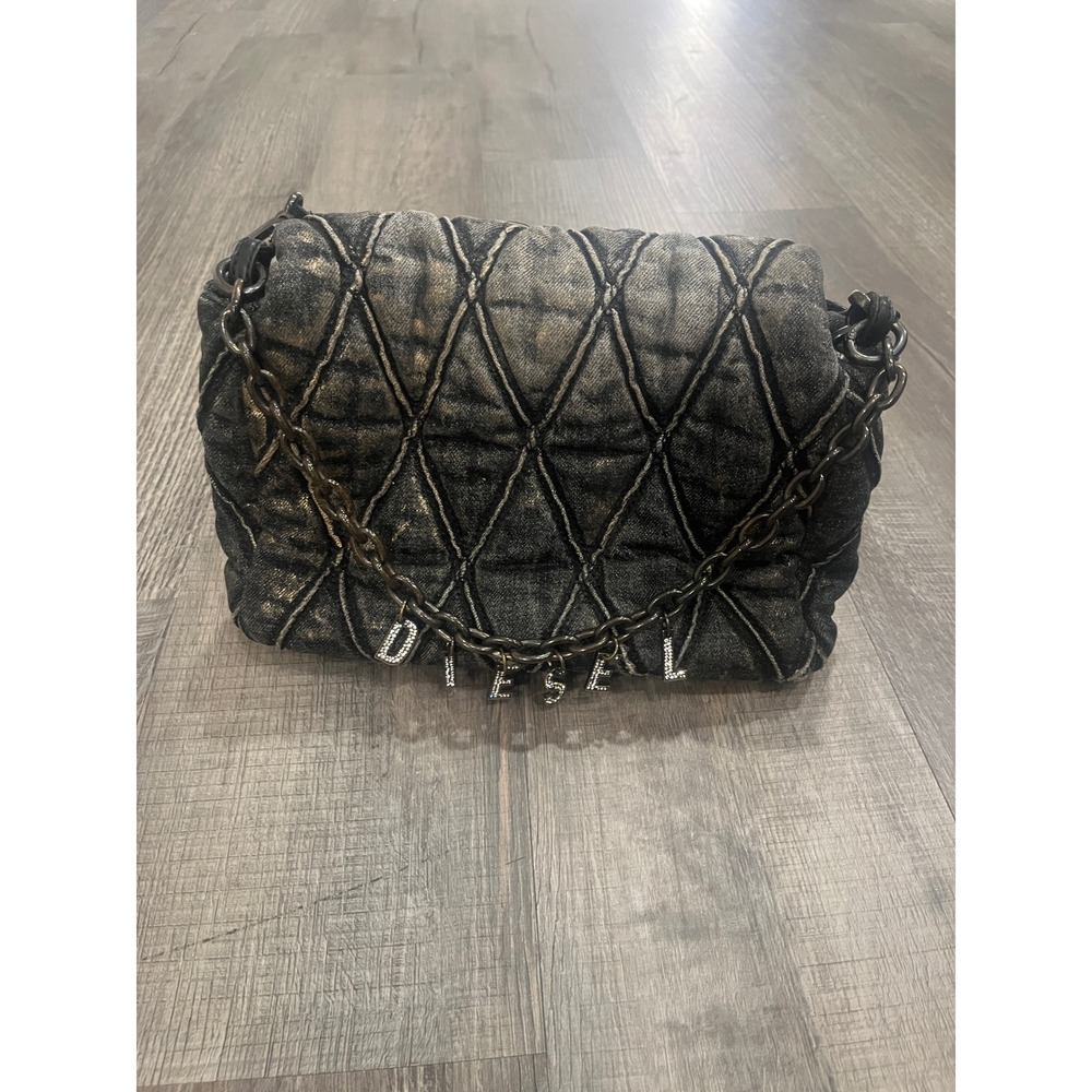 Diesel Quilted Denim Shoulder Bag Black Gold Metallic Crystal Logo Charm Handbag